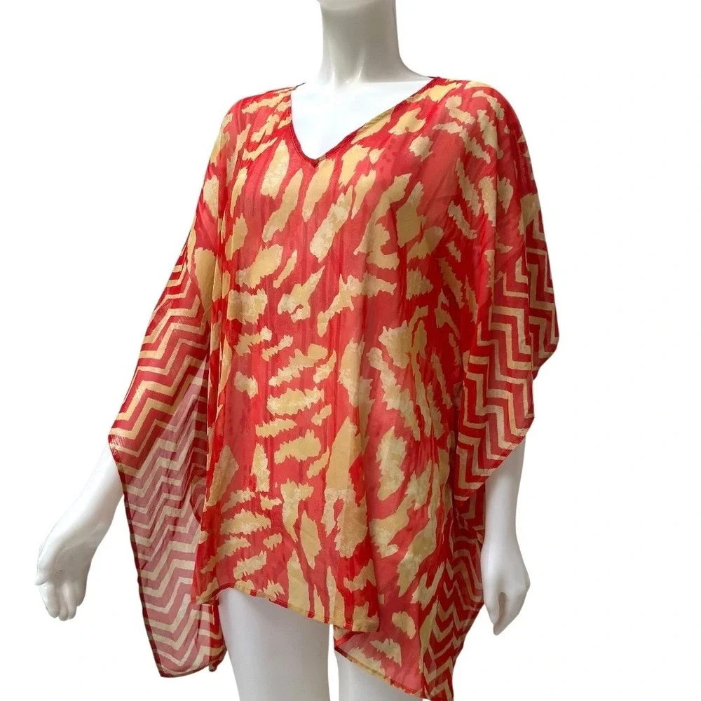 Chicos Red Abstract Animal Print Sheer Kaftan Swim Cover Up Boho Resortwear S/M